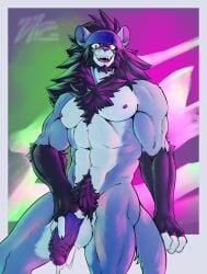 2023 blue_body chest_tuft cum lemonkyubun lion looking_at_viewer muscular penile_spines pubes white_body