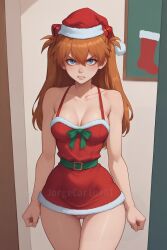 1girls ai_generated angry angry_expression angry_eyes angry_face annoyed annoyed_expression annoyed_face asuka_langley_sohryu big_breasts blue_eyes breasts christmas christmas_clothing christmas_hat christmas_headwear christmas_outfit cleavage clenched_teeth dress female female_focus female_only girl green_bow jorgecarlosai long_hair neon_genesis_evangelion orange_hair outfit pussy red_hair redhead_female short_dress standing staring staring_at_viewer vagina watermark