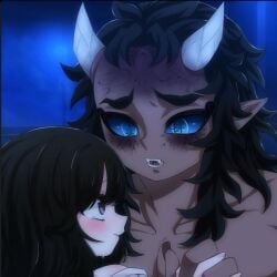 1boy 1boy1girl 1girls aizetsu blue_eyes blue_sclera comforting crying crying_with_eyes_open demon demon_boy demon_horns demon_humanoid demon_slayer dominant dominant_male domination female first_time first_time_sex grey_eyes hantengu holding_hands horny horny_male japanese japanese_clothes japanese_clothing japanese_male kimetsu_no_yaiba long_bangs long_hair long_hair_male male male_focus male_only male_penetrating muscles muscular muscular_male oc oc_x_canon original_character pale-skinned_female pale_skin pointy_ears sharp_teeth straight submissive submissive_male tan-skinned_male tan_skin upper_moon virgin virginity