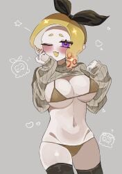 1girls big_breasts bikini black_thighhighs blonde_hair blush bra breasts cleavage curly_hair female female_only hair hair_bow large_breasts long_sleeves navel nintendo octoling octoling_girl one_eye_closed open_mouth panties purple_eyes smchan_hll solo solo_female solo_focus splatoon tentacle_hair thighhighs tongue turtleneck underwear wink winking_at_viewer yellow_hair yellow_tongue