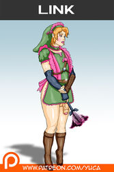 1boy androgynous apron blush crossdressing eyeliner feather_duster femboy gauntlet girly hylian link lipstick maid maid_uniform makeup male male_only naked_apron penis_under_apron solo solo_male super_smash_bros. the_legend_of_zelda trap yuca