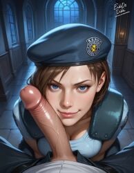 1boy 1girls ai_generated beret blue_eyes brown_hair eidedodidei female indoors jill_valentine penis penis_on_face penis_out resident_evil self_upload short_hair smile