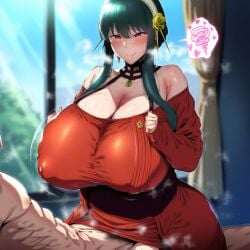 1girls ai_generated areolae big_breasts black_hair female female_focus female_only huge_breasts large_areolae large_breasts mature_female milf mother nipples red_eyes sex spy_x_family thick_thighs thighs yor_briar yor_forger