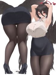 1girls ass black_hair blue_archive breasts dat_ass female hasumi_(blue_archive) hi huge_ass huge_breasts kuavera light-skinned_female light_skin long_hair pantyhose red_eyes thick_thighs wings