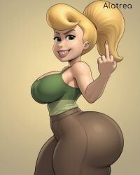 ai_generated alatrea big_ass blonde_hair bottom_heavy cindy_vortex curvaceous curvy flipping_off green_eyes hourglass_figure huge_ass huge_hips jimmy_neutron_boy_genius large_breasts middle_finger phat_ass ponytail smug smug_face thick_thighs tight_clothing tight_fit voluptuous