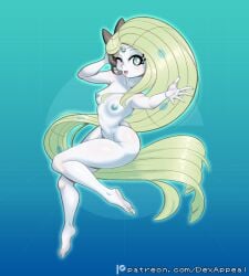 barefoot blue_eyes blue_nipples colored_nails dex_appeal floating generation_5_pokemon green_hair legendary_pokémon long_hair meloetta meloetta_(aria_form) nintendo petite petite_body petite_female pokemon pokemorph reaching_towards_viewer small_breasts white_body white_skin