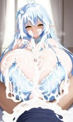 ai_generated big_breasts blue_hair breasts_bigger_than_head cum cum_everywhere cum_explosion cum_on_body cum_on_breasts cum_on_face ejaculation elf elf_ears engulfing_paizuri enormous_breasts gigantic_breasts hololive hololive_japan huge_breasts hyper_breasts large_breasts massive_breasts paizuri virtual_youtuber yukihana_lamy