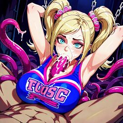 ai_generated blonde_hair blue_eyes boobjob chained chains cheerleader cum cum_on_breasts fellatio juliet_starling lollipop_chainsaw long_hair paizuri restrained tentacle titjob