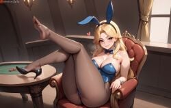 ai_generated bigzbig black_legwear blonde_female blonde_hair blonde_hair_female blue_eyes bunny_ears bunnysuit camel_toe cameltoe casino casino_table color colored ear_piercing earrings feet feet_up heart high_heels huge_breasts indoors large_ass large_breasts league_of_legends legwear leotard looking_at_viewer luxanna_crownguard pantyhose patreon_username riot_games sitting smiling soles teeth toes toes_visible_through_clothing uncensored watermark window yellow_hair