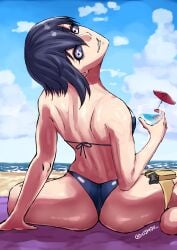 1girls 2d 2d_(artwork) arched_back arm_support artist_name ass ass_cleavage assassin beach bikini black_bikini black_hair black_sclera day daytime drink female female_only fit fit_female gun gun_holster head_tilt holding_object human human_female human_only kengan_(series) kengan_ashura kure_fusui light-skinned_female light_skin looking_at_viewer looking_back muscular_back no_sex not_ai_generated open_mouth pistol purple_eyes rear_view shiny_skin short_hair sitting smile solo solo_female swimsuit thigh_strap tilted_head toned toned_female ushou weapon white_eyes young_woman