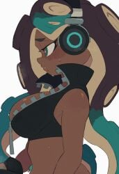 1girls arm_under_breasts black_hair cephalopod_eyes clothed crop_top dark-skinned_female fingerless_gloves gloves green_eyes green_fingers green_hair green_pantyhose grin headphones kiirono leather leather_crop_top looking_at_viewer marina_(splatoon) navel navel_piercing nipples nipples_visible_through_clothing octoling octoling_girl pantyhose piercing see-through see-through_clothing shorts smile solo splatoon splatoon_2 sweat tentacle_hair thick_thighs thigh thigh_grab tight_clothing two-tone_hair zipper zipper_pull_tab