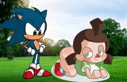 1boy 1girls animal_crossing animal_crossing_girl background crossover getting_ready green_eyes looking_at_ass looking_down outside picsart red_shoes rivals showing_ass sonic_the_hedgehog sonic_the_hedgehog_(series) villager_(animal_crossing)