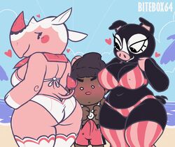 2020 agnes_(animal_crossing) animal_crossing anthro ass ass_cleavage beach big_breasts big_butt bikini bikini_bottom bikini_top bitebox64 blush breasts bulge butt_crack clothed clothing dark-skinned_male dark_skin domestic_pig erection female flustered furry group hi_res human human_on_anthro interspecies male mammal merengue_(animal_crossing) nintendo rhinocerotoid seaside slightly_chubby straight suid suina sus_(pig) swimwear tree video_games villager_(animal_crossing) water