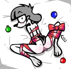 anal anthro arms_tied ass bed blush blush_lines bound canid canine canis christmas christmas_clothing christmas_decorations christmas_gift dog_ears dog_tags dog_tail domestig_dog embarrassed female female_anthro fifi_(somemf) floppy_ears furry furry_ass furry_ears furry_female furry_only furry_tail genitals gift legs_tied legwear looking_at_viewer looking_back mammal narrow_hips no_sound nude paws poodle pussy scared scared_face short_hair slim slim_female snout spread_legs surprised_expression tail thin_ass thin_calves thin_legs toes toony white_background white_body white_fur wide_hips