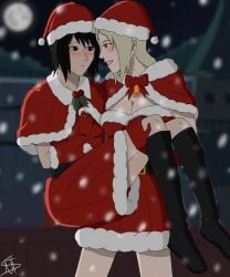 2girls adapted_costume big_breasts black_hair blonde_hair breasts brown_eyes capelet carrying carrying_partner christmas christmas_clothing christmas_headwear christmas_outfit cleavage crop_top embarrassed erect_nipples grin hat headwear huge_breasts imminent_kiss indoors large_breasts lipstick long_hair makeup mature mature_female mature_woman midriff milf multiple_girls naruto naruto_(series) naruto_shippuden natsu5027 revealing_clothes sagging_breasts santa_hat shizune skirt smile snow snowing teacher_and_student tsunade voluptuous voluptuous_female watermark yuri