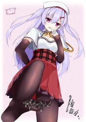 :d ajax_(azur_lane) arm_behind_back azur_lane bangs beret blush breasts capelet cleavage commentary_request cum cum_on_clothes detached_sleeves eyebrows_visible_through_hair female finger_to_mouth from_below fully_clothed hair_between_eyes hand_up hat high-waist_skirt lavender_hair leg_up long_hair long_sleeves looking_down medium_breasts neck_ribbon no_shoes open_mouth pantyhose pink_background pink_eyes red_skirt ribbon shirt signature simple_background sirakanitama skirt sleeves_past_wrists smile solo standing standing_on_one_leg toe_socks toes two_side_up underbust v-shaped_eyebrows white_hat yellow_ribbon