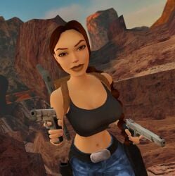 3d backpack bag belt clothing female firearm handgun human lara_croft lara_croft_(classic) nonsexual pale_skin shotgun tagme tomb_raider tomb_raider_(classic) tomb_raider_remastered weapon