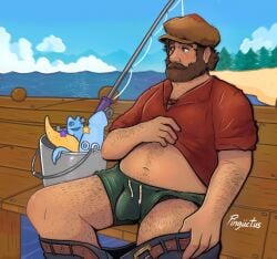 1boy 2024 alternate_version_available bara beach beach_background bear beard belly blush body_hair brown_hair bucket chest_hair chubby clothed clouds dock drawstring feet_out_of_frame fish fishing fishing_rod forearms full_beard gay green_eyes hat looking_away male_only moustache musclegut ocean older_male outdoors pants pants_down penis_bulge red_shirt reluctant shirt shirt_lift signature sitting solo solo_male stardew_valley sweat sweatdrop underwear undressing willy_(stardew_valley) yaoi