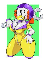 5tflldartist5 alternate_version_available avian beak big_breasts black_eyes breadwinners cleavage duck female hair helmet holding_object ketta_(breadwinners) orange white_fur wrench yellow_suit zipper