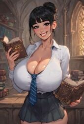 ai_generated aibro asian big_breasts bubble_butt cho_chang cleavage curvy_female harry_potter_(series) hourglass_figure huge_breasts large_breasts reading_book round_ass smile student