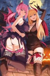 2girls bare_shoulders bat_(animal) bat_wings black_collar black_dress black_footwear black_gloves black_panties black_thighhighs blonde_hair blue_eyes boots breasts cleavage clothes_lift collar demon_girl demon_horns demon_tail detached_collar dress dress_lift elbow_gloves fishnet_thighhighs fishnets frilled_collar frills full_body full_moon garter_straps gloves halloween highres horns jack-o&#039;-lantern kamo_ashi large_breasts looking_at_viewer looking_back moon multiple_girls night night_sky original outdoors panties pantyshot pink_eyes pink_hair pumpkin sky sleeveless sleeveless_dress smile tail thigh_boots thighhighs thong twintails underwear v wings