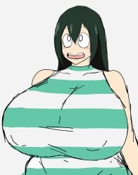 1female 1girls asui_tsuyu breasts female female_only froppy green_hair huge_breasts momiji_(artist) my_hero_academia nipple_bulge solo solo_female striped_swimsuit swimsuit tagme tsuyu_asui twitter_link