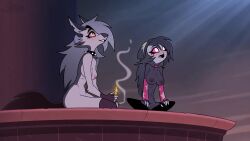 2girls animal_ears animal_nose anthro arm_warmers artist_name black_fur black_gloves black_hair black_shirt black_thighhighs blush body_fur breasts candle canid canine canis choker cigarette clothing collar colored_sclera colored_skin commission completely_nude crossed_legs demon demon_girl detached_sleeves earrings ears eyeliner eyeshadow female fingerless_gloves fire furry furry_female gloves glowing_eyes goth goth_girl grey_fur grey_hair grey_skin grin hair_over_one_eye helluva_boss holding holding_cigarette indian_style indoors large_breasts light_rays lighter long_hair long_sleeves looking_at_another looking_at_viewer looking_down looking_up loona_(helluva_boss) makeup medium_breasts multiple_girls naked naked_female navel night nipples nude nude_female octavia_(helluva_boss) open_mouth piercing pink_choker pink_eyes red_eyes red_sclera sharp_teeth shirt sitting slit_pupils small_breasts smile smoke smoking snout spiked_collar spikes steca stomach tail teeth thelazyart thighhighs two-tone_body two-tone_fur white_eyes white_fur wolf wolf_ears wolf_girl wolf_tail yellow_sclera