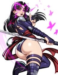 1girl 1girls ass ass_focus black_hair blushypixy blushyspicy earrings fat_ass hime_cut katana leotard light-skinned_female light_skin looking_at_viewer marvel marvel_comics marvel_rivals mutant_(marvel) psylocke psylocke_(marvel_rivals) purple_eyes purple_leotard purple_lipstick sai_(marvel) smile smiling_at_viewer solo solo_female sword twitter_username video_game_character white_background x-men