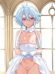 blanc blue_hair breasts female flat_chest goddess light_skin looking_at_viewer neptunia_(series) nipples pussy red_eyes shiny_skin short_hair short_hair_with_long_locks skirt_lift small_breasts solo thighs wedding_dress white_heart_(neptunia) zatsu
