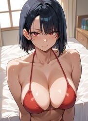 big_breasts black_hair breasts nikkaru red_bikini red_eyes room