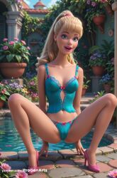 1girls ai_generated aqua_panties artist_name barbara_millicent_roberts barbie_(franchise) bare_arms bare_shoulders blonde_hair blue_bra blue_eyes blue_panties blue_sky blurry bow bow_panties bra breasts cameltoe cleavage collarbone corset covered_nipples day depth_of_field disney flower full_body hi_res high_heels high_ponytail lingerie lips lipstick long_hair looking_at_viewer makeup mascara medium_breasts nail_polish navel nose open_mouth outdoors panties pink_bow pink_flower pink_footwear pink_lips pink_nails pink_scrunchie pixar plant ponytail potted_plant progenarts realistic sky smile solo spread_legs squatting toy_story toy_story_2 underwear underwear_only water watermark web_address