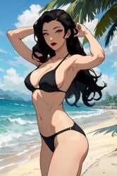 ai_generated asami_sato avatar_legends beach big_breasts bikini black_bikini black_hair blue_sky green_eyes legs nickelodeon pale_skin perfect_body red_lipstick sea shore sunny the_legend_of_korra waves