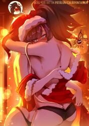 2024 2girls artist_name ass black_hair blue_eyes blush boku_no_hero_academia breast_press breasts cherryinthesun christmas christmas_outfit female female_only fur_trim kyoka_jiro large_breasts light-skinned_female light_skin momo_yaoyorozu my_hero_academia panties ponytail santa_hat undressing watermark yuri