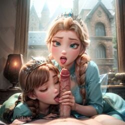 ai-alter-egos ai_generated anna_(frozen) artist_name blonde_hair_female brown_hair_female closed_eyes disney disney_princess elsa_(frozen) ffm_threesome frozen_(film) frozen_2 holding_partner's_penis licking_penis open_mouth pov_eye_contact single_braid teamwork tiara