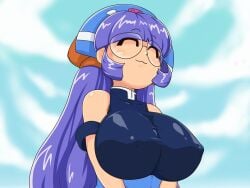 animated bouncing_breasts breasts erect_nipples erect_nipples_under_clothes female glasses gluko huge_breasts ikayama_gesokichi mon_colle_knights no_bra purple_hair smile twintails