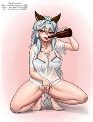 alcohol animal_ears artist_name barefoot bikini bikini_top bikini_under_clothes blush bottle bottomless breasts cat_ears drinking drunk dungbae ears_through_headwear erun_(granblue_fantasy) female granblue_fantasy hairband heles highres large_breasts long_hair looking_at_viewer nose_blush pussy pussy_juice pussy_juice_trail see-through shirt silver_hair solo spread_pussy squatting swimsuit t-shirt tongue tongue_out tsurime uncensored very_long_hair watermark web_address wet wet_clothes white_shirt yellow_eyes