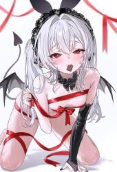 1girls animal_ears black_nails black_wings blush breasts chocolate demon_tail demon_wings fake_animal_ears food_in_mouth fymrie highres long_hair nail_polish naked_ribbon original rabbit_ears red_eyes red_ribbon ribbon simple_background small_breasts solo sweatdrop tail twintails white_background white_hair wings