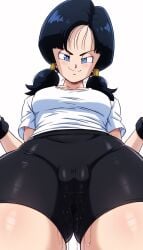 1girls ai_generated bike_shorts black_hair blue_eyes cameltoe d-art_style dragon_ball_super dragon_ball_z dripping_pussy female looking_at_viewer looking_down looking_down_at_viewer pussy pussy_juice pussy_juice_drip randomran shorts smile smiling smiling_at_viewer solo solo_female solo_focus twintails videl wet wet_pussy white_shirt