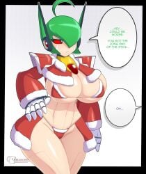 1girls android barely_covered barely_covered_breasts barely_covered_crotch big_breasts blush flustered green_hair hand_on_hip hips luckerabbit6 luckerabbit9 mega_man mega_man_x mega_man_x_corrupted mrlucke navel red_sclera reploid robot robot_girl robot_humanoid robot_joints santa_bikini santa_costume santa_dress sexy squish stwike_(mega_man_x_corrupted) text text_bubble