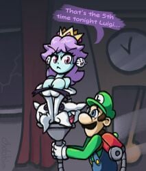 alternate_species annoyed_expression boo_(mario) chabble dialogue english_text ghost ghost_girl luigi luigi's_mansion mario_(series) poltergust post_transformation princess_daisy stuck super_mario_bros. text thick_thighs vacuum_vore