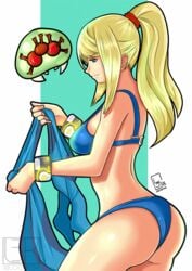 1girls ass baby_(metroid) bikini bra curvy dressing female female_only large_ass locke3k metroid metroid_(creature) nintendo panties samus_aran side_view