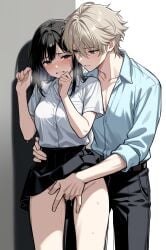 1boy 1girls ai_generated black_eyes black_hair blue_eyes breath clenched_teeth clothed_male clothes_lift collared_shirt comfyui crying crying_with_eyes_open dominant_male dubious_consent female fingering fingering_partner fingering_pussy forced forced_fingering hand_on_another&#039;s_waist illustrious_(stable_diffusion) light_brown_hair long_hair looking_at_another male male/female maledom milua molestation no_panties no_underwear original pants pleated_skirt pussy_juice self_upload shirt short_hair skirt skirt_lift standing straight sweat tears