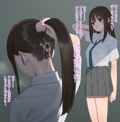 buta_tsuzumi cum cum_on_hair female highres idolmaster idolmaster_cinderella_girls long_hair multiple_views necktie school_uniform shibuya_rin shirt skirt solo