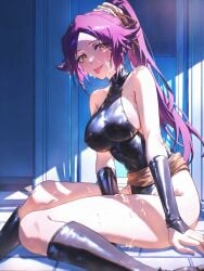 absurd_res ai_generated bleach boots breasts bukkake covered_nipples cum cum_on_body cum_on_breasts facial female leotard long_hair ministro pink_hair ponytail purple_hair shihouin_yoruichi sitting solo star_(sky) starry_sky thighhighs tongue tongue_out wariza