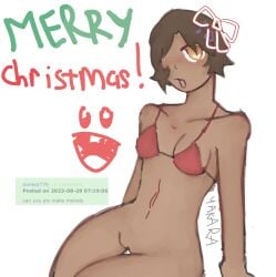 bedwars_(easy.gg) bikini bikini_top bow bowtie christmas easy.gg english_text melody_(easy.gg) merry_christmas no_panties nude_female red_bikini red_bikini_top request requested roblox roblox_game solo tan_body tan_skin watermark white_background yakara