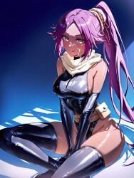 absurd_res ai_generated bleach boots breasts bukkake covered_nipples cum cum_on_body cum_on_breasts facial female leotard long_hair ministro pink_hair ponytail purple_hair shihouin_yoruichi sitting solo star_(sky) starry_sky thighhighs tongue tongue_out wariza