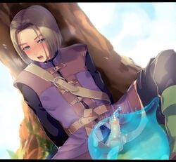 1boy blush clothing dragon_quest erection hero_(dq11) male male_only mori_miya open_mouth outdoors penis saliva sitting slime slime_(dragon_quest) solo sweat tree