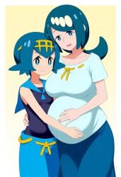 2girls ai_generated big_breasts blue_eyes blue_hair breast_size_difference double_pregnancy freckles hair_ornament height_difference lana's_mother_(pokemon) lana_(pokemon) mother_and_daughter novelai pokemon pregnant pregnant_mother_and_daughter small_breasts