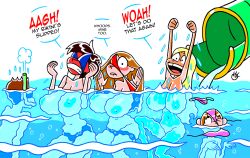 bikini bikini_bottom bikini_top exposed_breasts female jessie_hills large_breasts megan_hills multiple_girls naked naked_female oviidraws sarah_hills slide wardrobe_malfunction water_slide