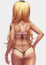 1girls arm_tattoo ass ass_cleavage back back_tattoo bare_shoulders bikini bikini_tan blonde_hair butt_crack dark-skinned_female dark_skin facing_away from_behind gal ganguro grey_background gyaru gyaru_gal heart heart_tattoo highres kuro_gyaru long_hair original simple_background solo standing swimsuit tako_seijin tan tanline tattoo thong_bikini tramp_stamp very_long_hair white_background